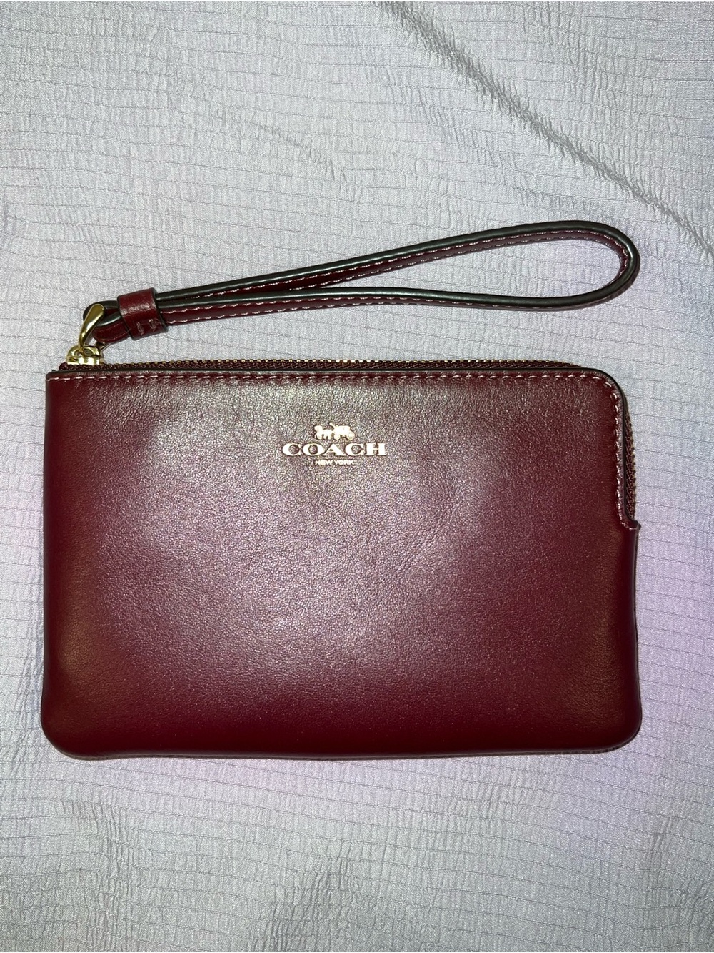 Coach Burgundy Leather Zip Wristlet with Gold Logo